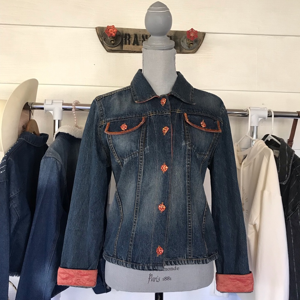 Contemporary by Daniel K Denim Jacket with Coral Trim Women Size Small